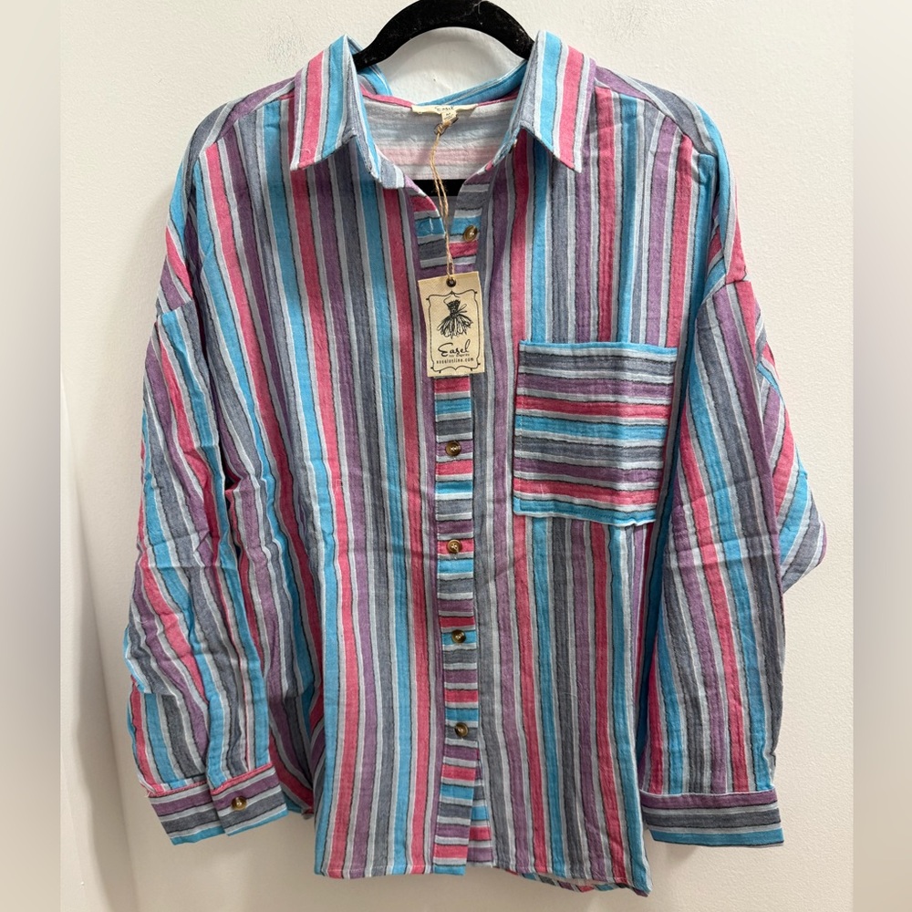 Easel Lilac Denim Colored Striped Button Down